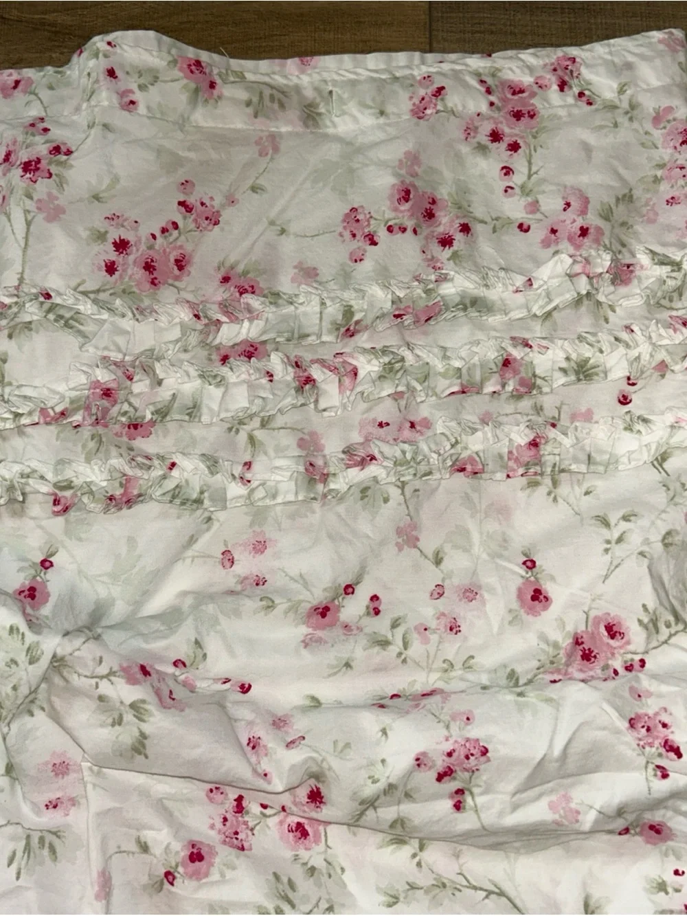 Shabby Chic Twin Size Flat Sheet Ruffled Fold Over Pink Florals Cottage Core